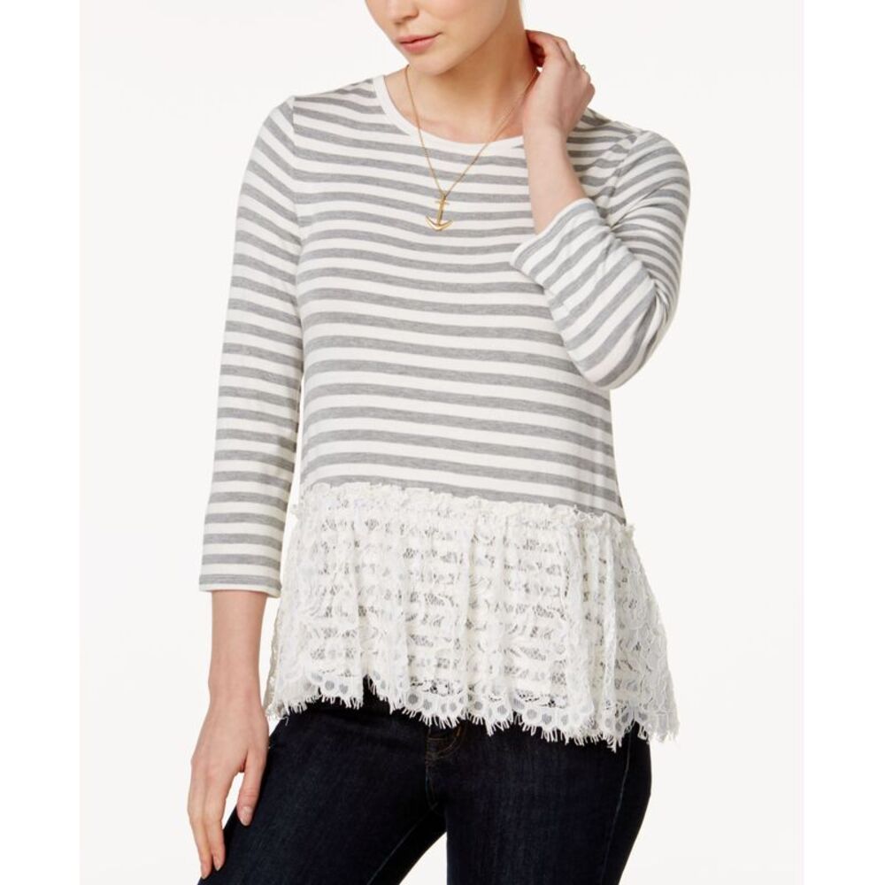 Maison Jules Striped Lace Peplum Top